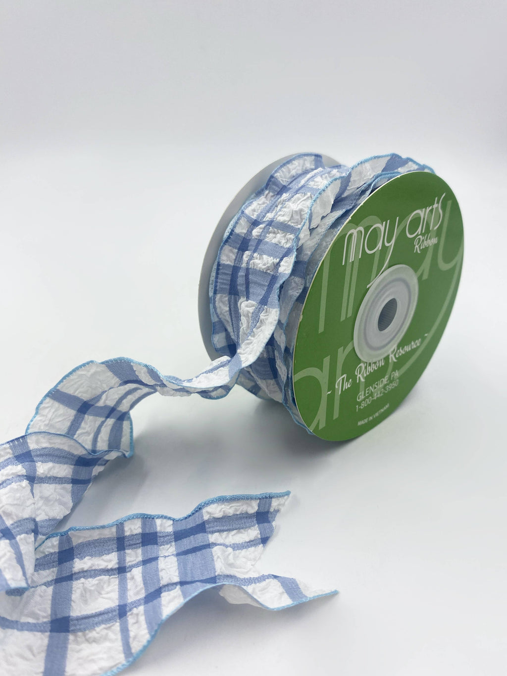 Sky Blue & White Seersucker Plaid Ruffled Edge Ribbon
