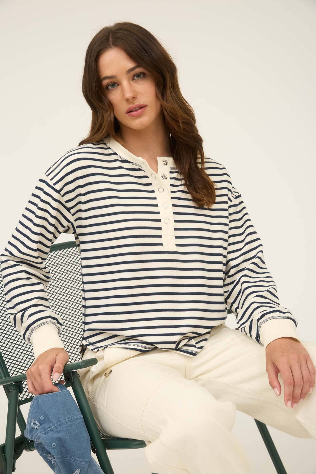 Stripe Henley Button Knit Top