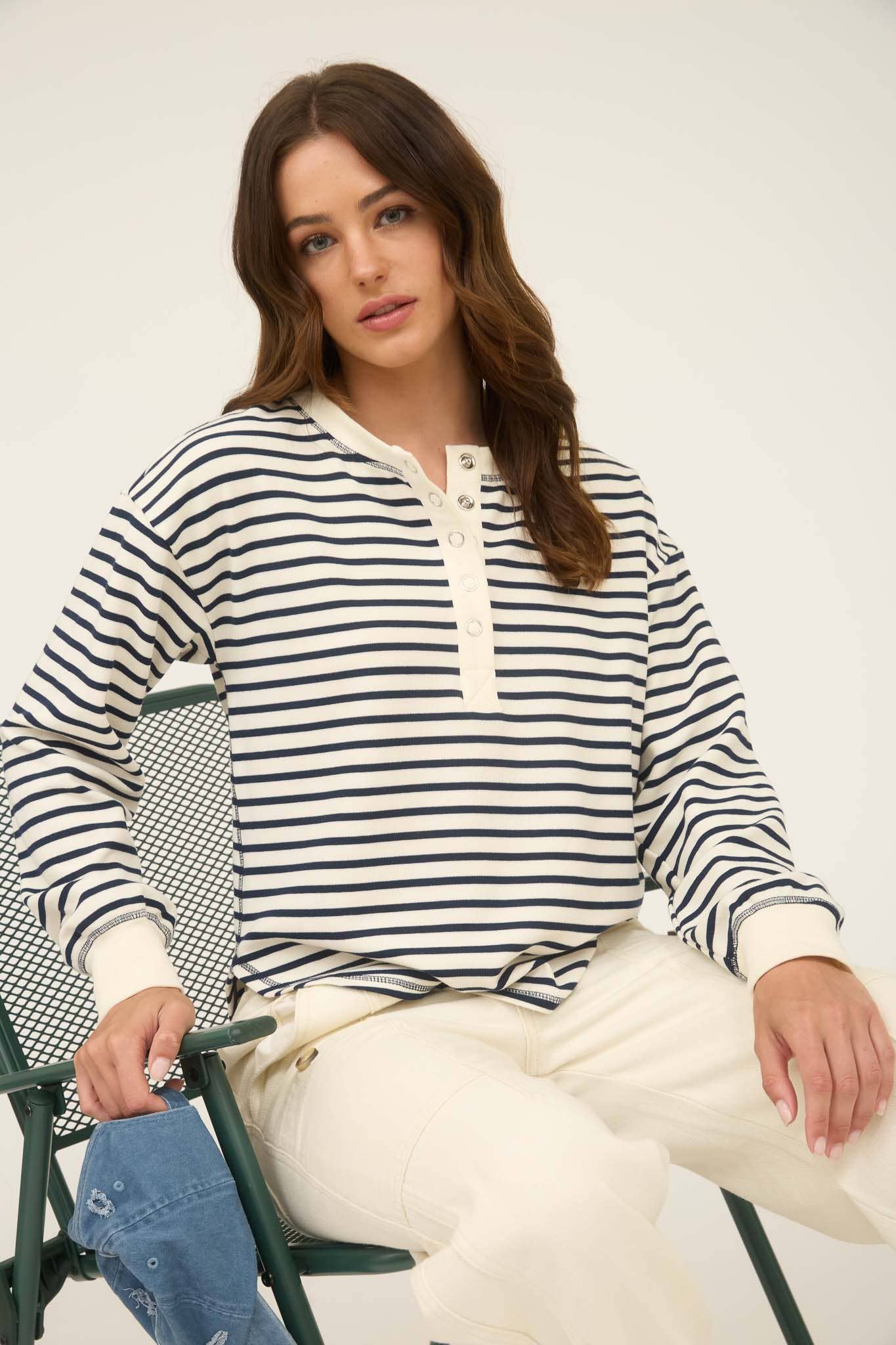 Stripe Henley Button Knit Top