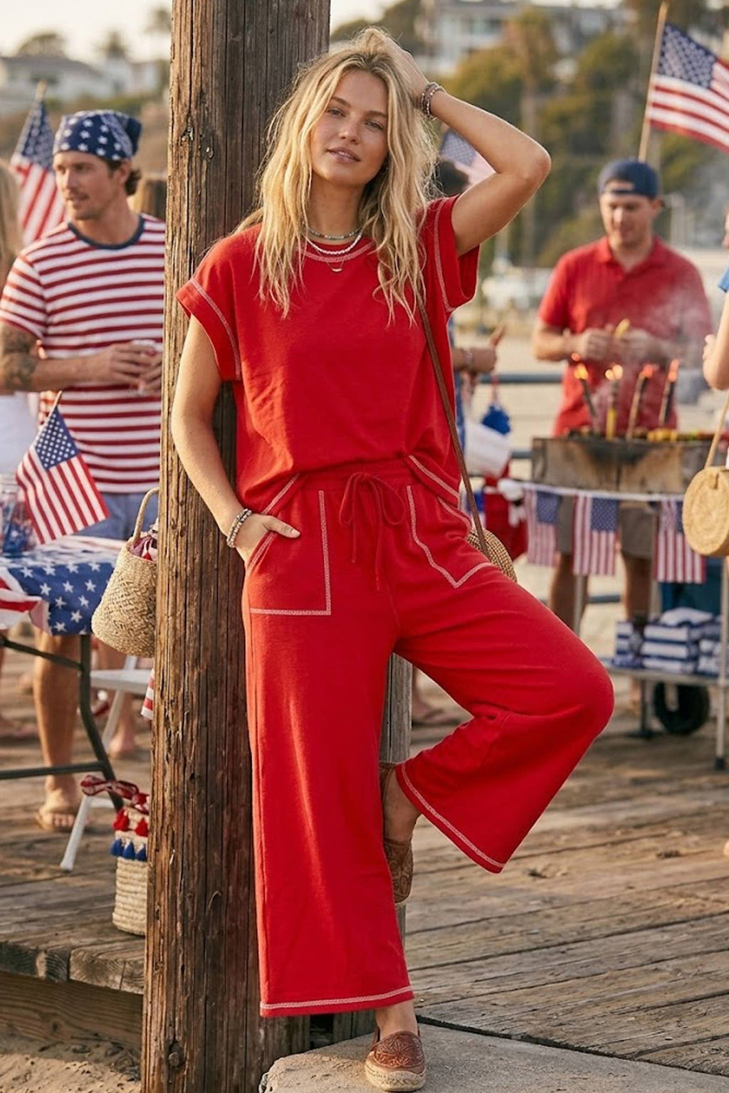 Scuba Contrast Stitch Lounge Set in Red