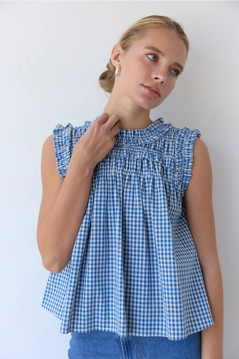Gingham Ruffle Blouse in Blue