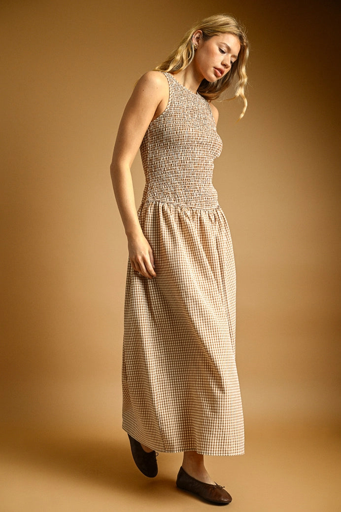 Mini Gingham Sleeveless Long Dress in Mocha