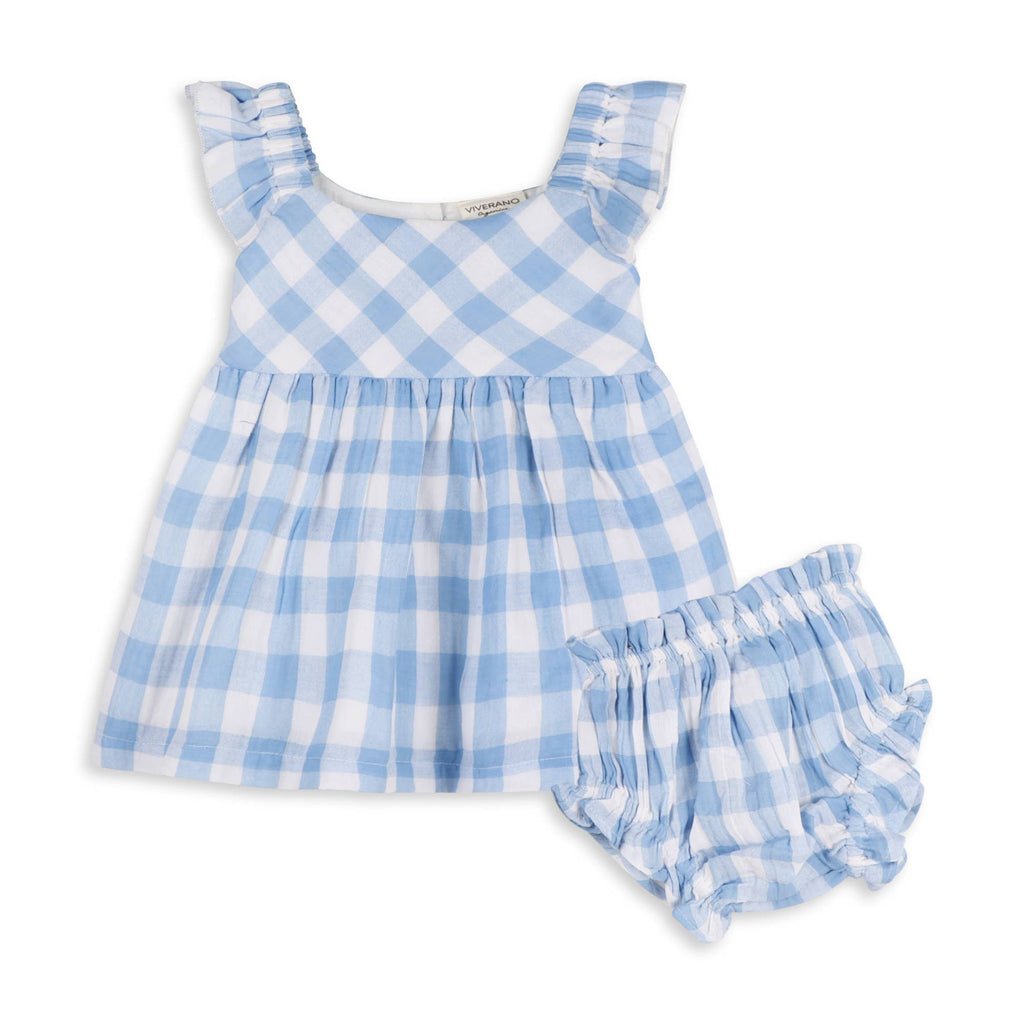 Audrey Arctic Blue Gingham Baby Dress + Bloomer (Organic)