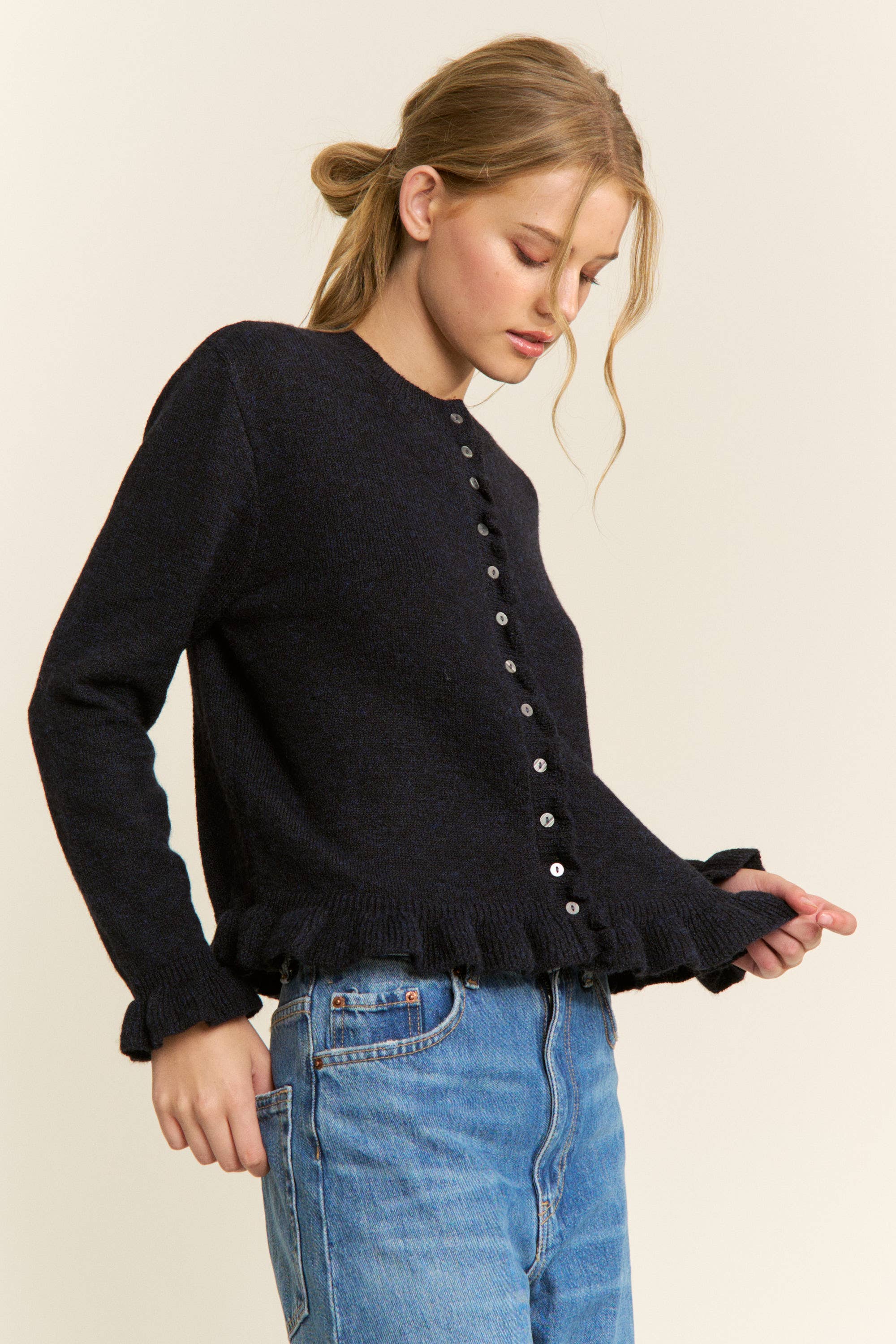 Ruffle Trim Button-Up Cardigan