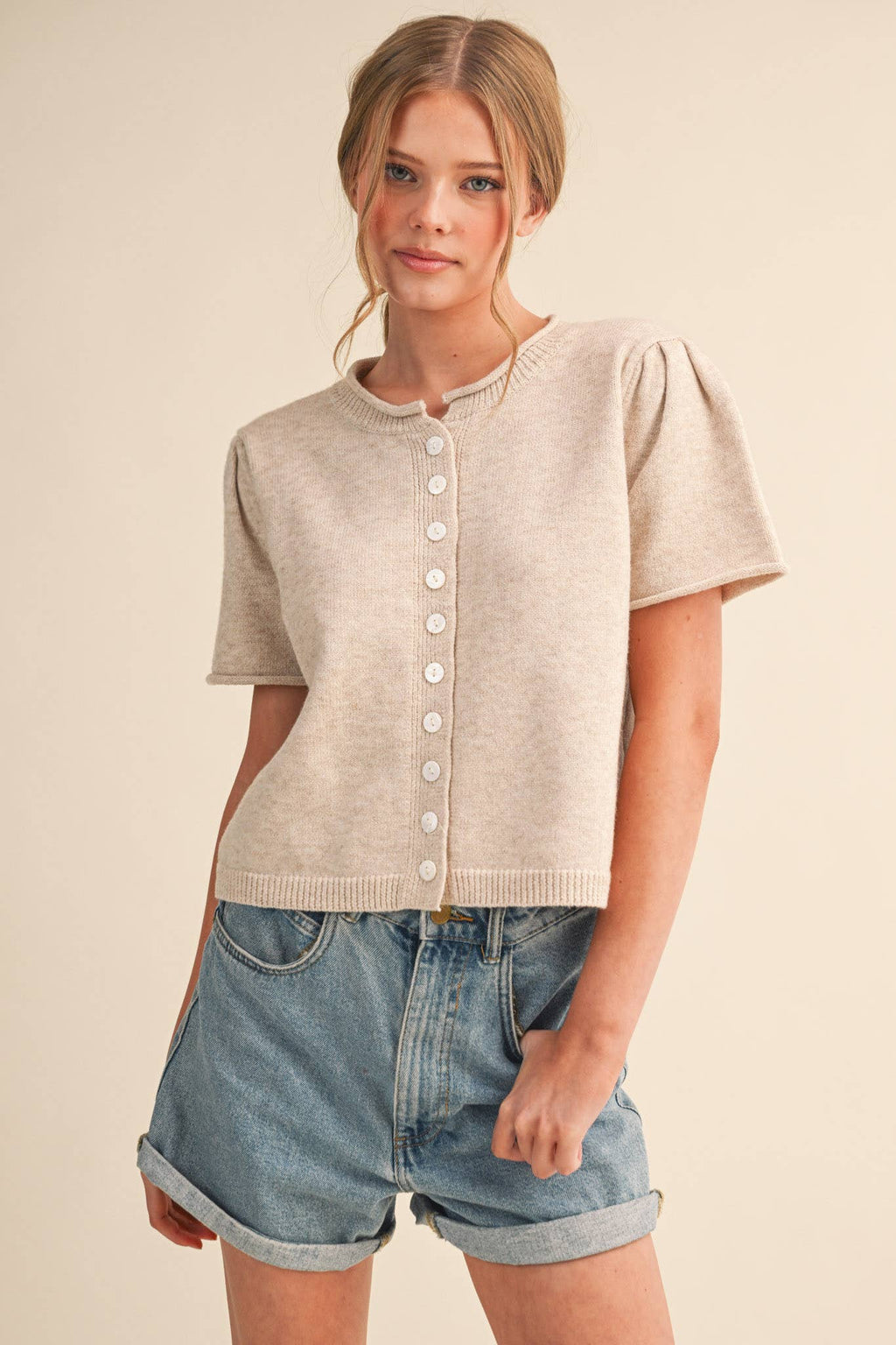 Short Sleeve Sweater Cardigan in Ivory Beige