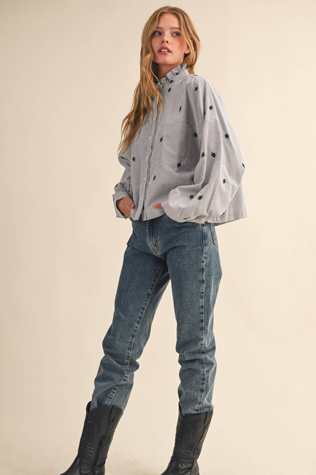 Embroidered Mock Neck Striped Button Up