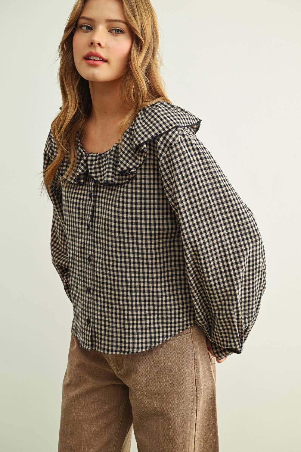 Mini Gingham Ruffled Collar Blouse