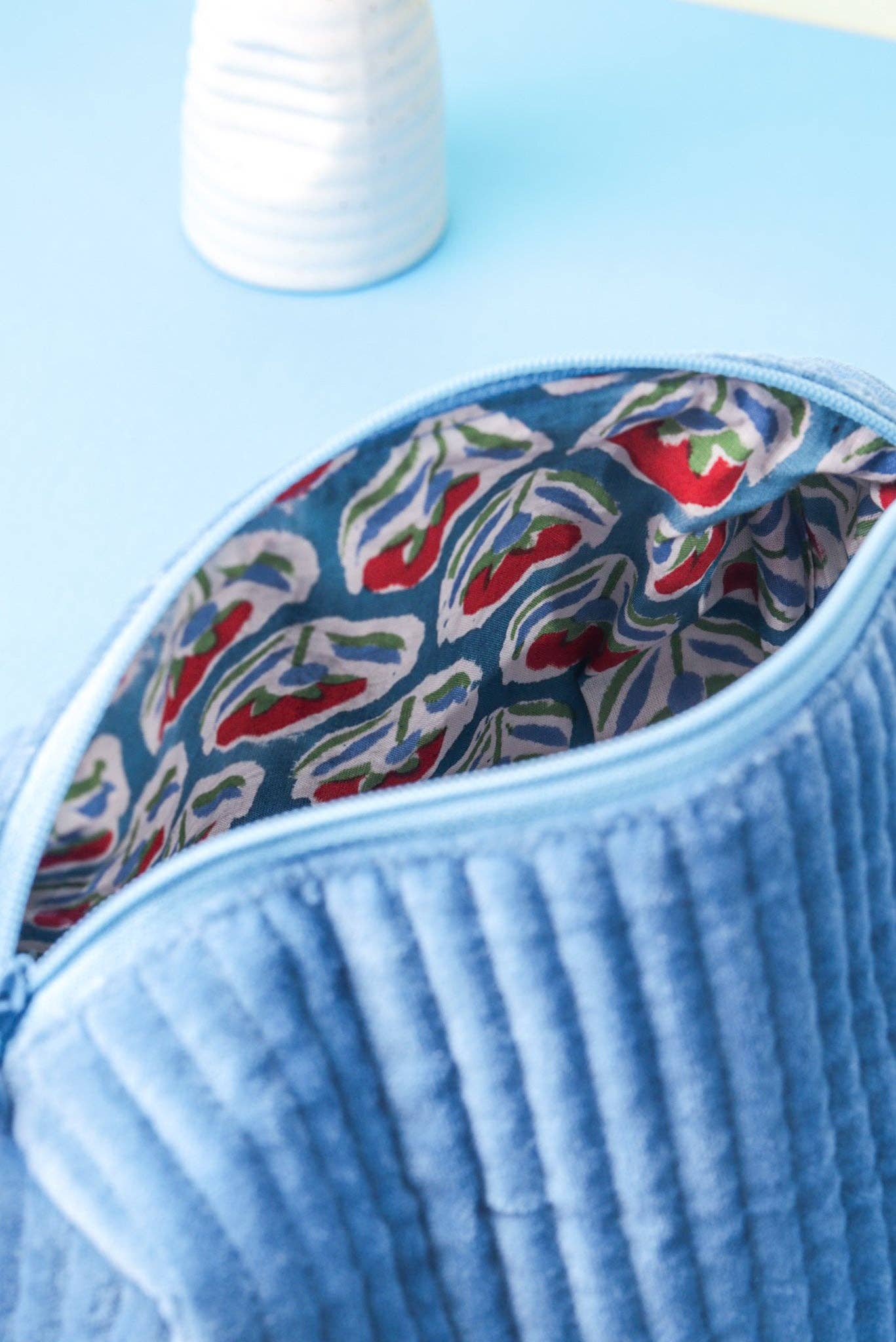 Indigo Velvet & Block Print Lined Cosmetic Pouch