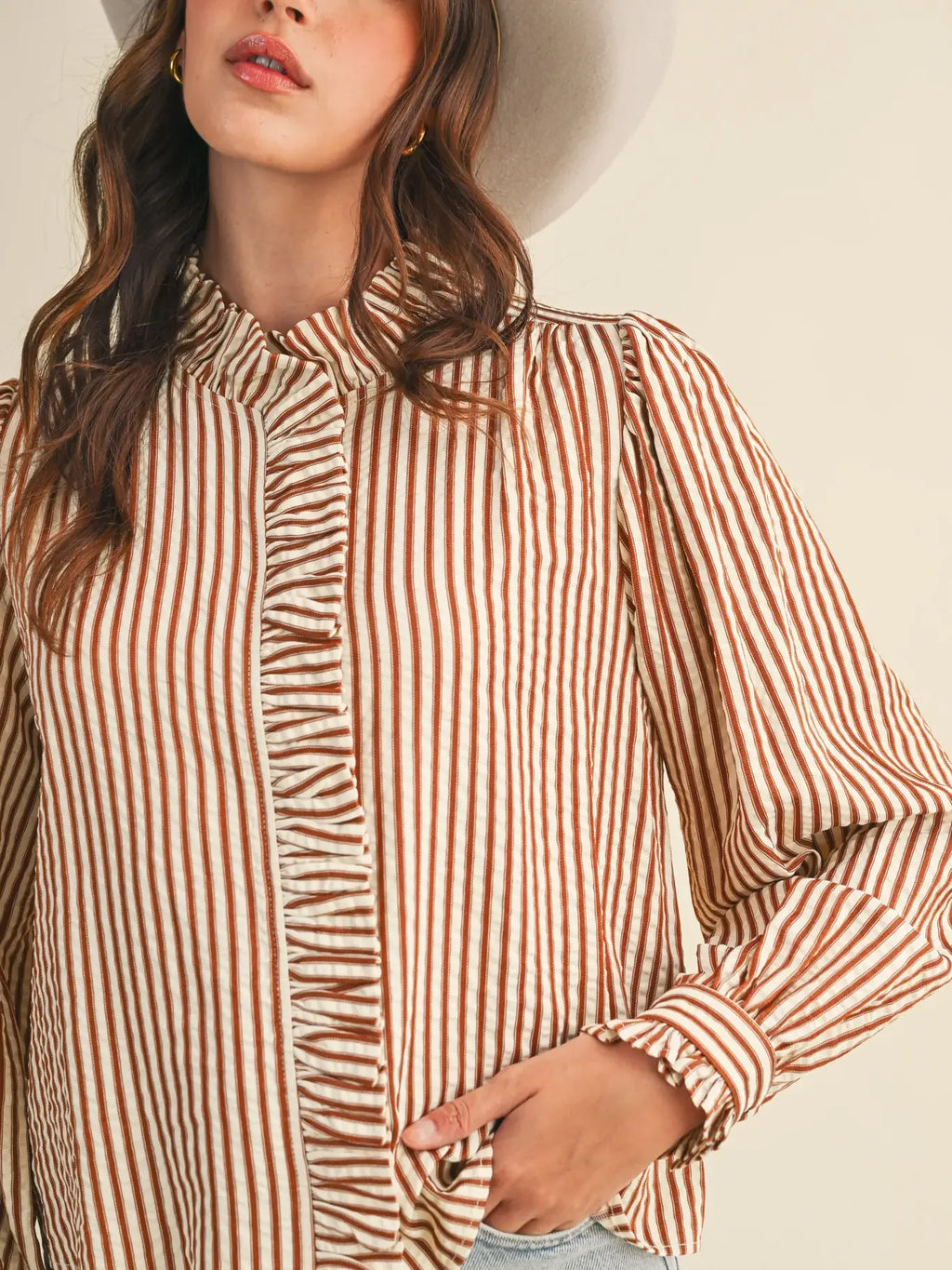 Striped Ruffled Button Down Top in Pecan Stripe
