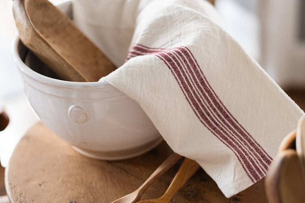Vintage Merlot Red Stripe Kitchen Tea Towel