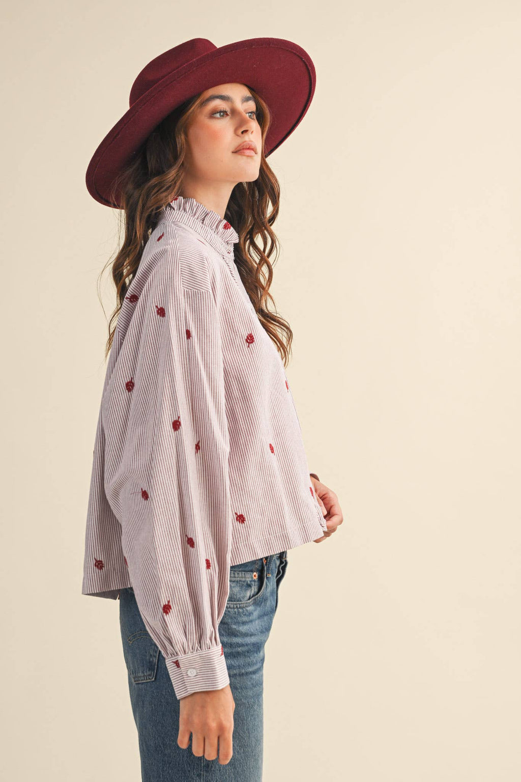 Embroidered Mock Neck Striped Button Up