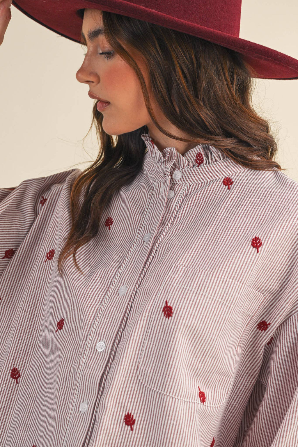 Embroidered Mock Neck Striped Button Up