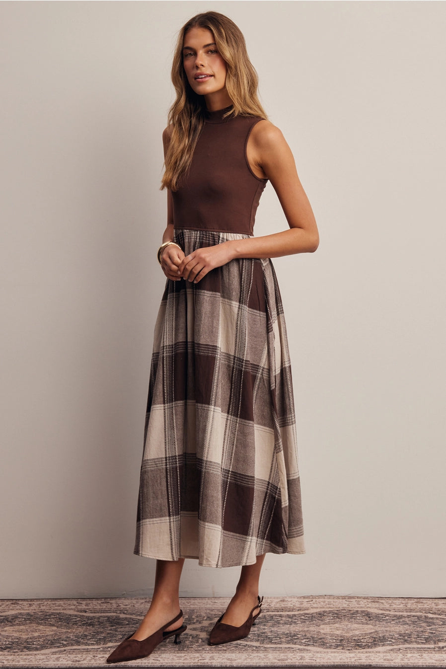 Mixed Media Plaid Midi Dress