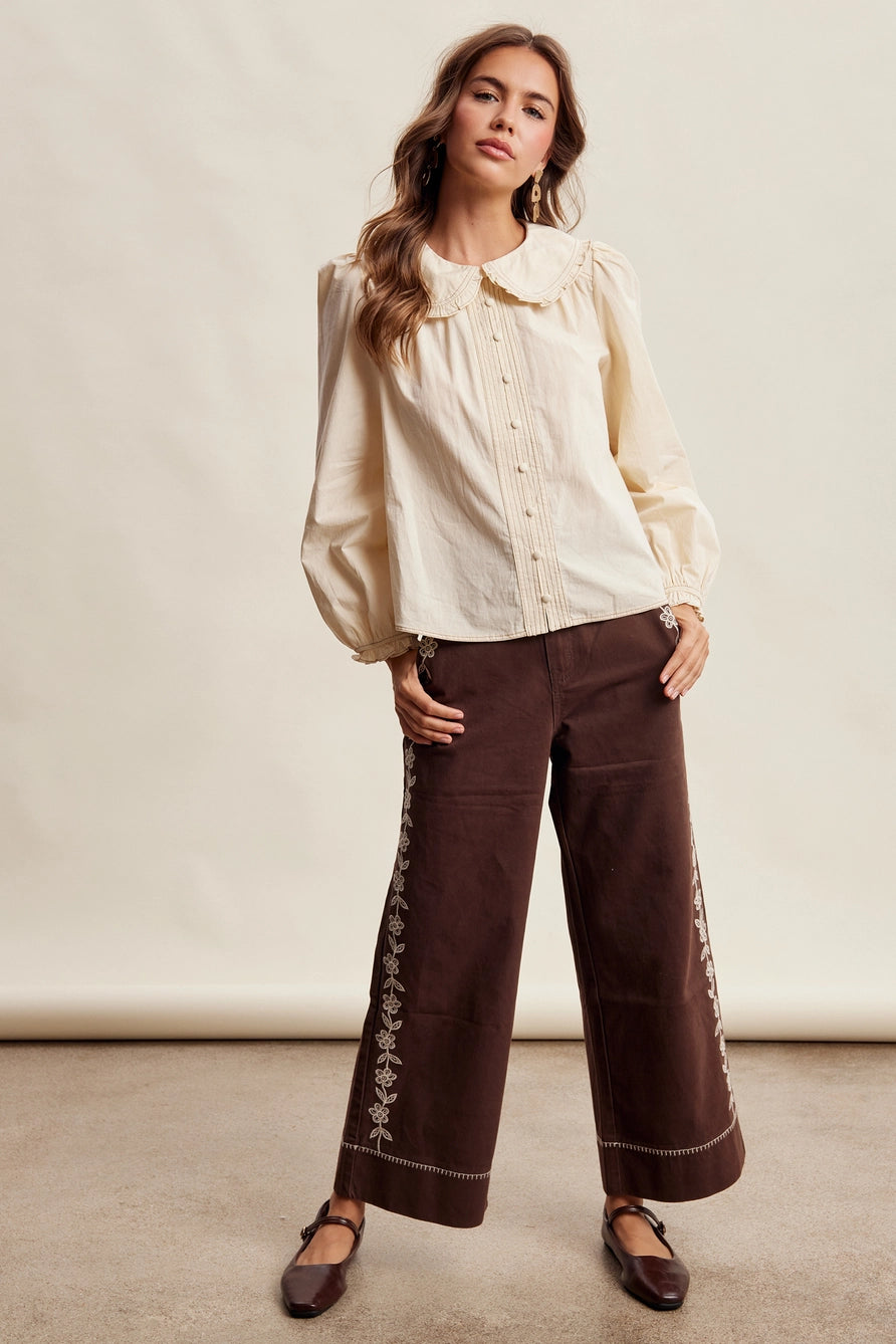 Contrast Stitch Ruffle Collar Blouse