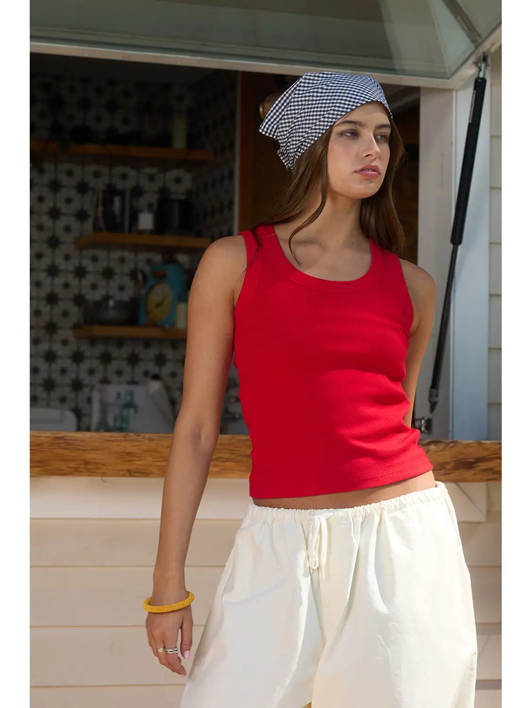 Ribbed Scoop-Neck Tank Top in Red