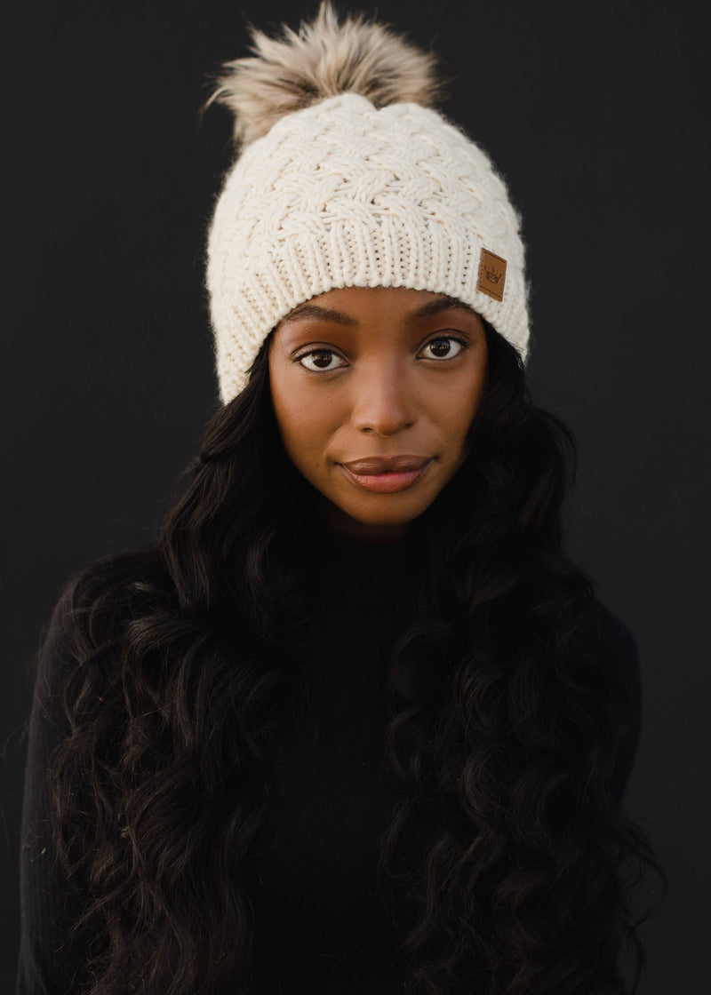 Cream Knit Pom Hat