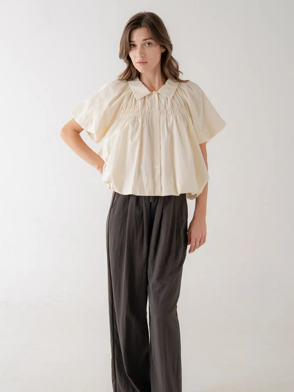 Gathered Bodice Puff Sleeve Button Down Blouse