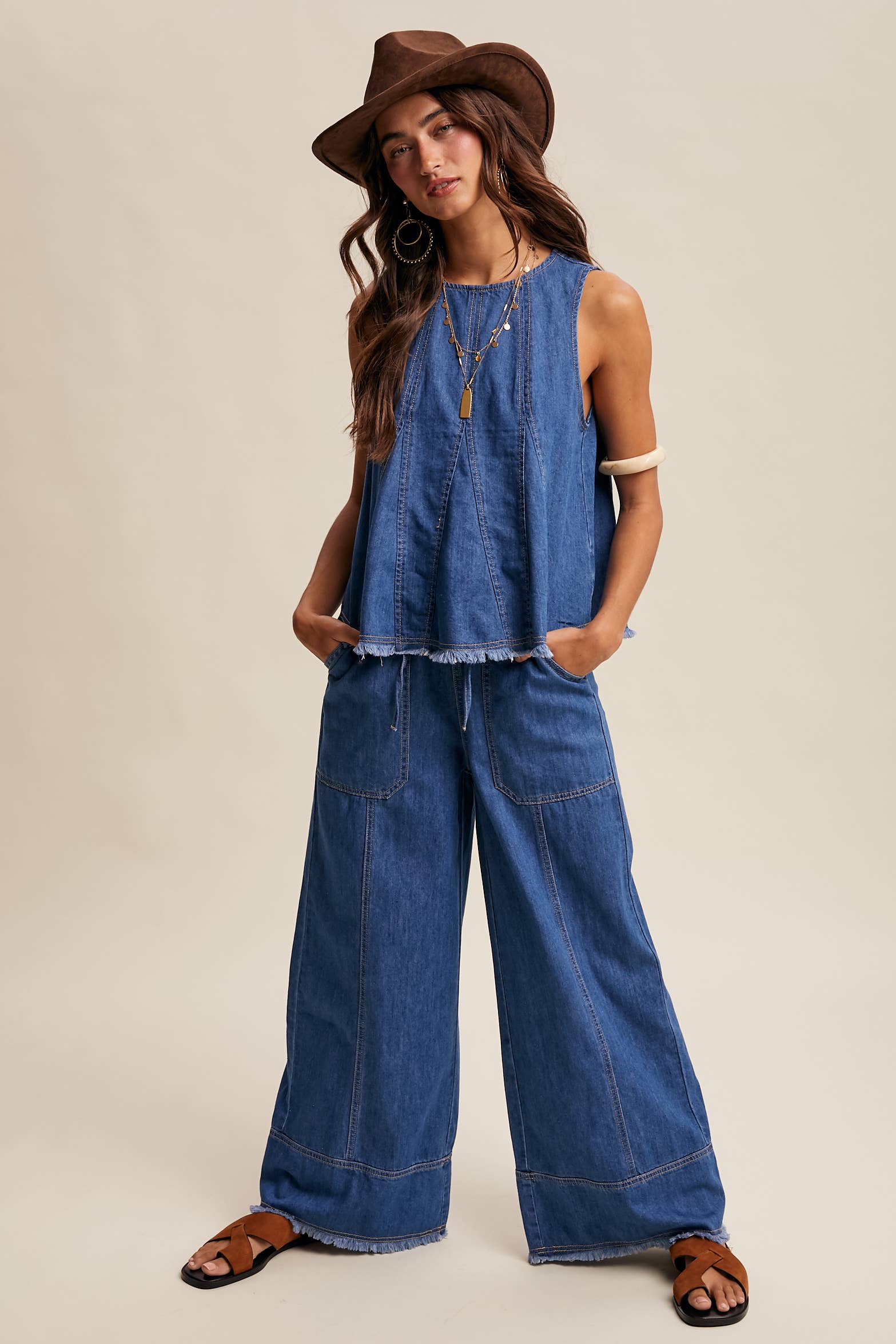 Washed Denim Tank & Wide-Leg Pants Set