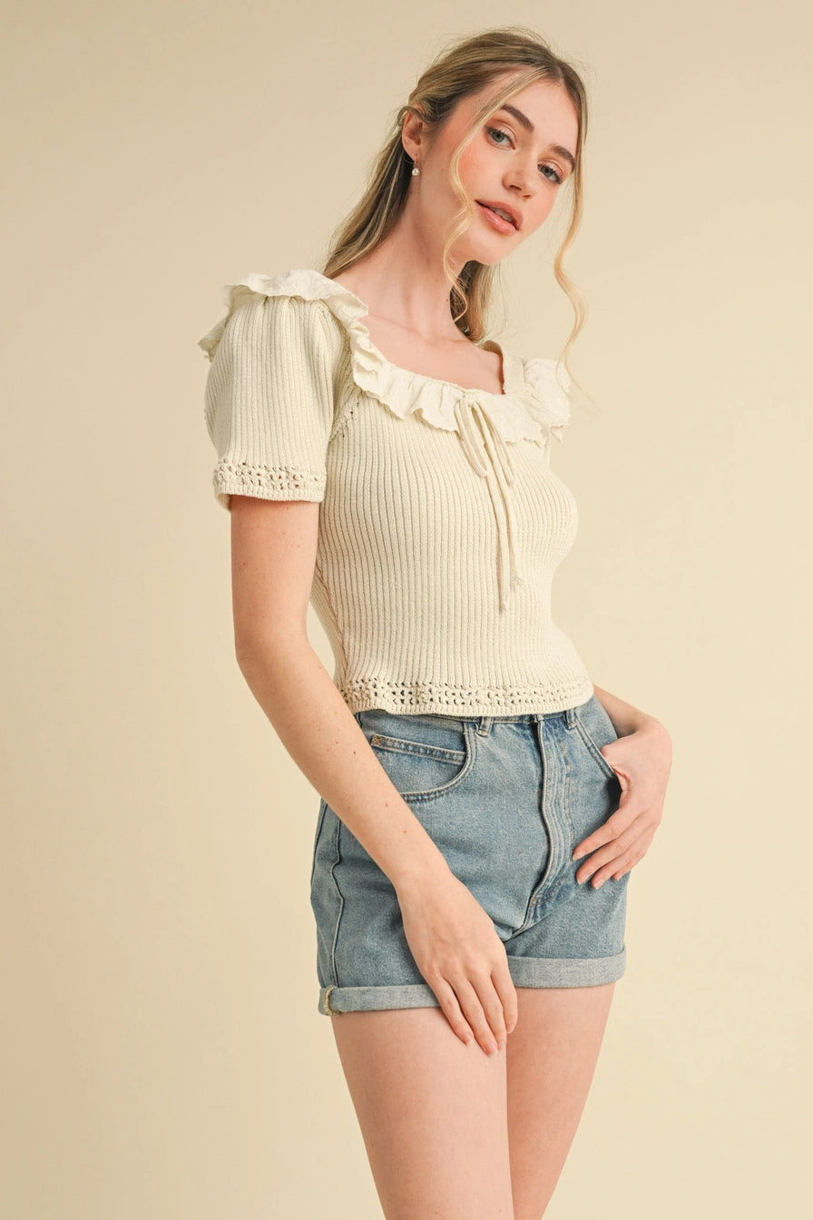 Ecru Ruffle Trim Short Sleeve Sweater
