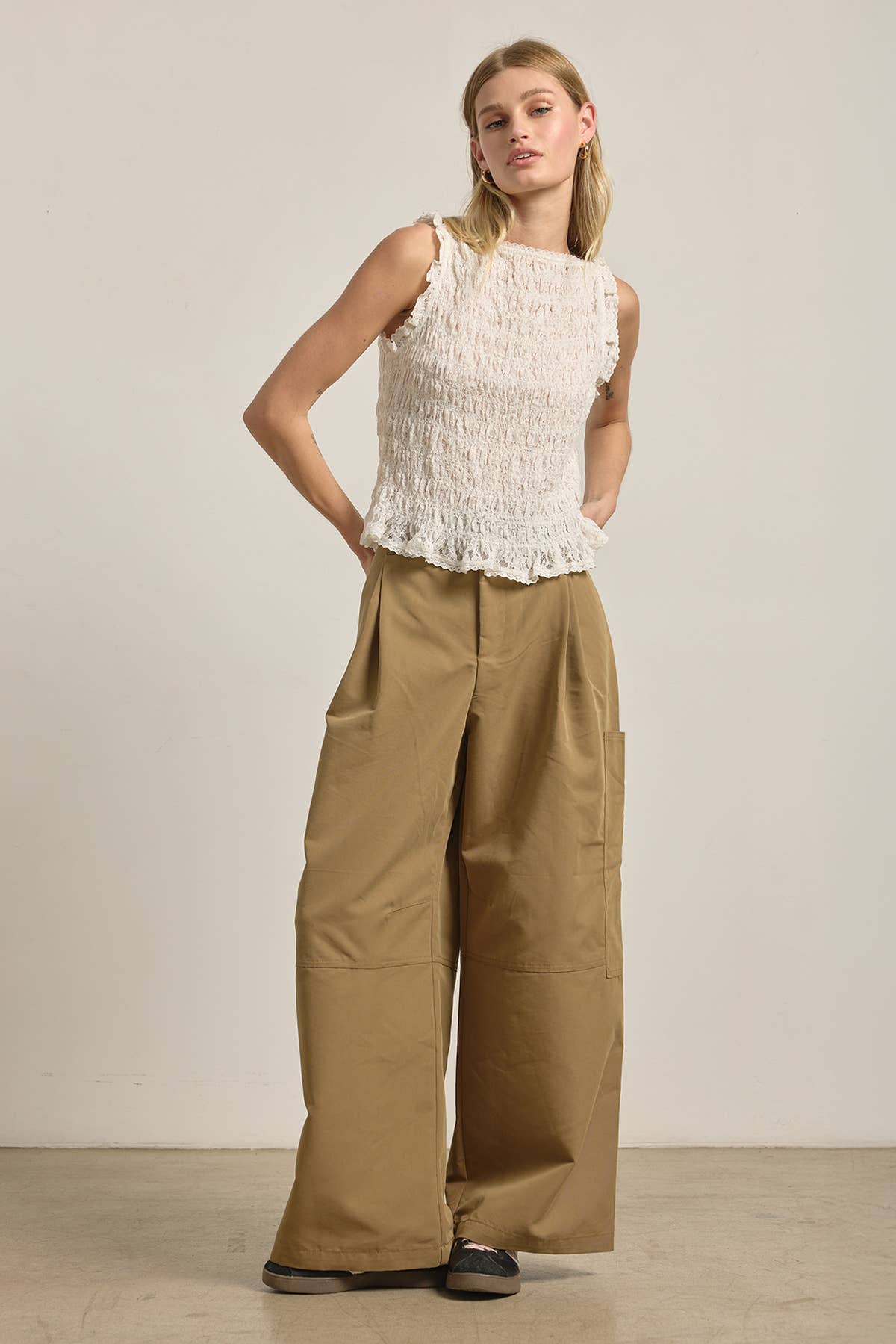 Smocked Lace Trim Sleeveless Top