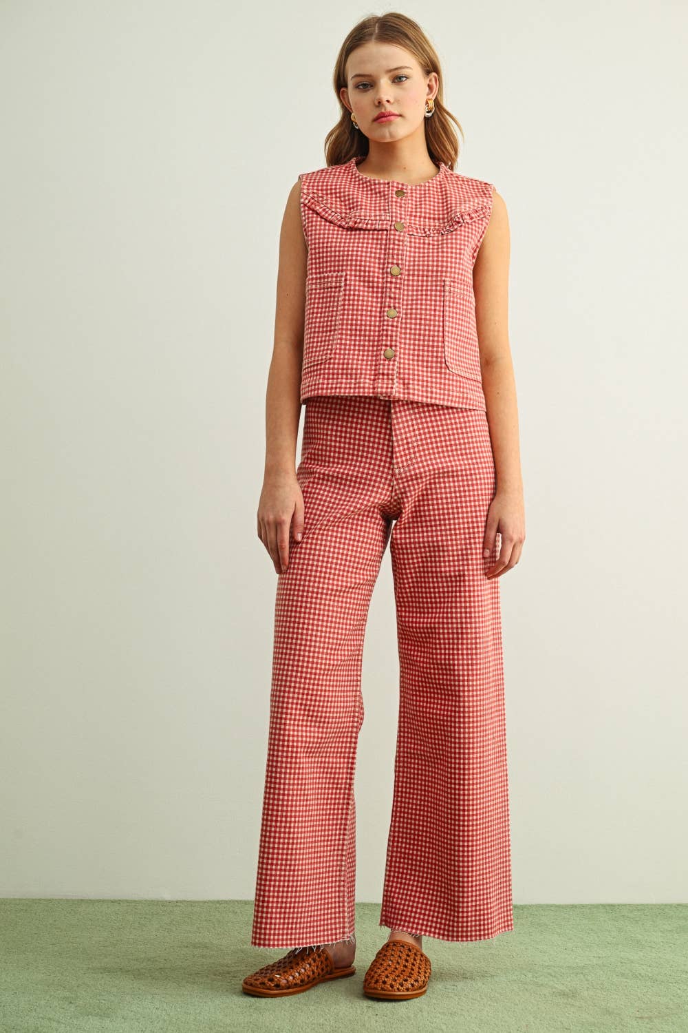 Red Gingham Button Front Vest