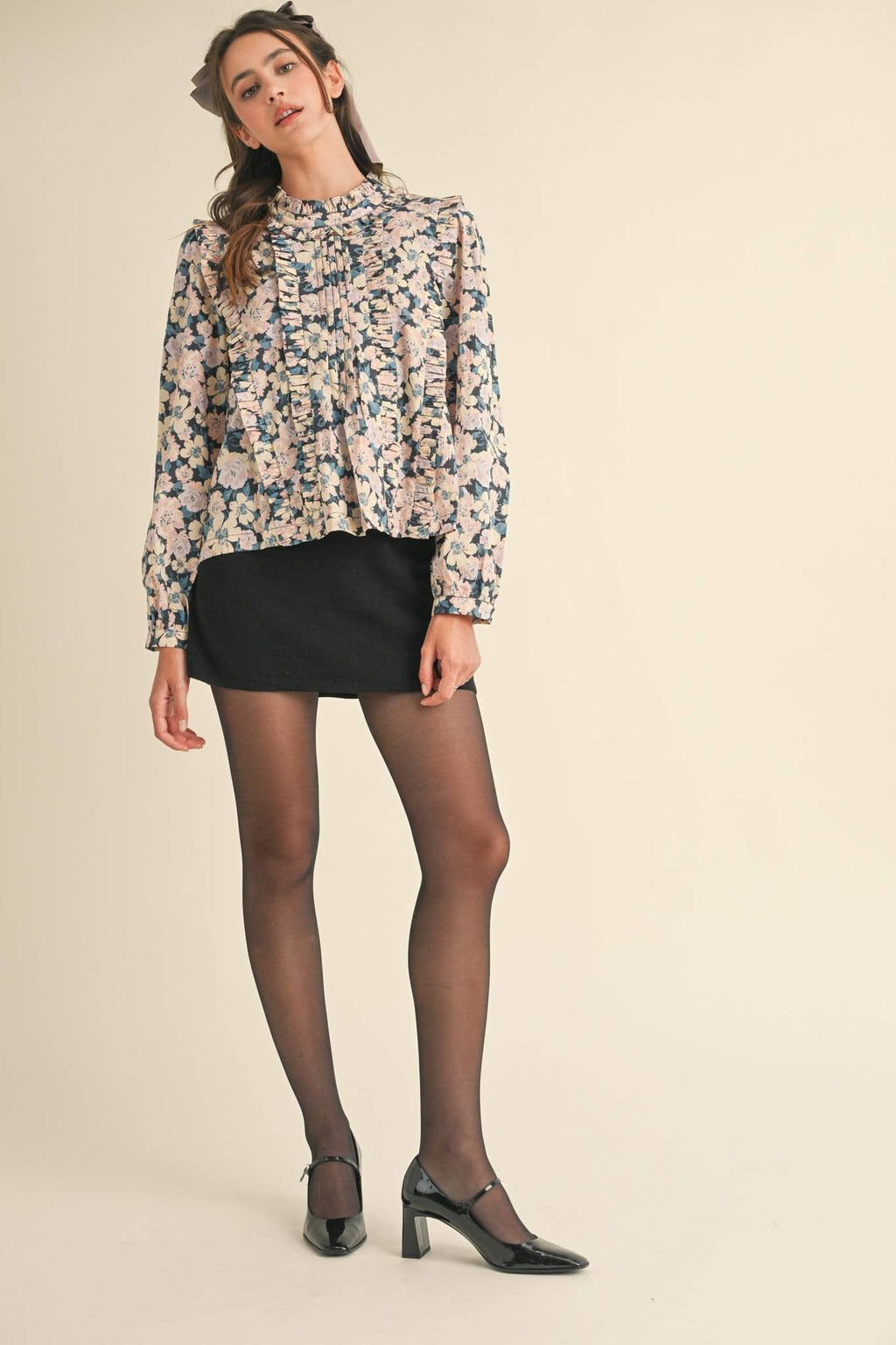 Pintuck Ruffled Floral Top