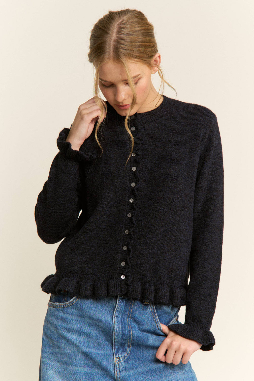 Ruffle Trim Button-Up Cardigan