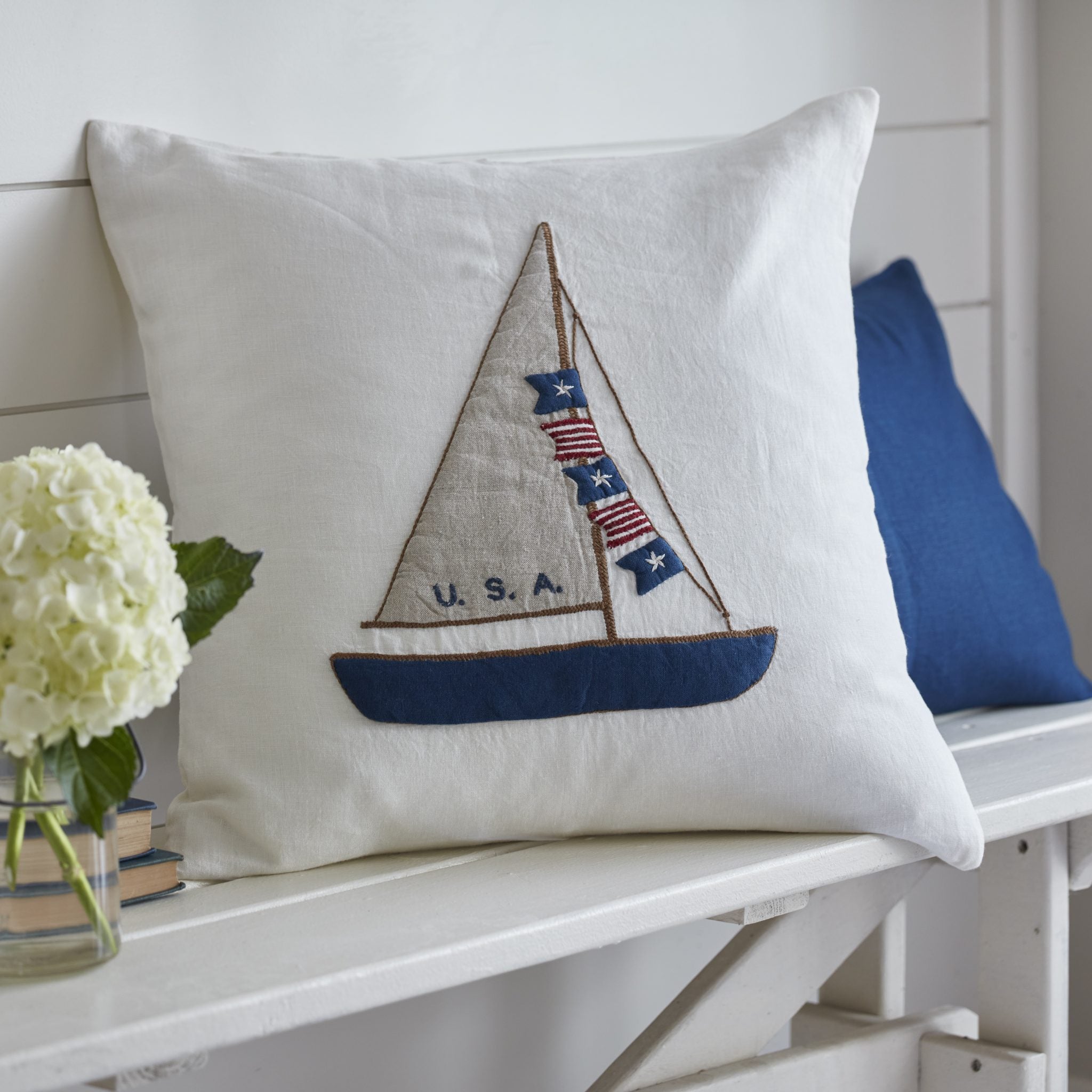 Americana Sailboat Cream Linen Throw Pillow