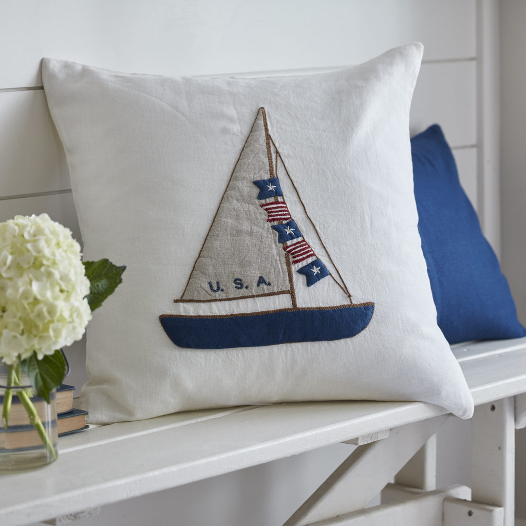 Americana Sailboat Cream Linen Throw Pillow