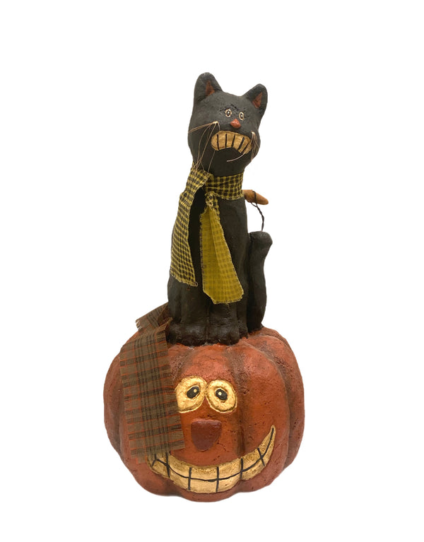 Black Cat on Pumpkin Halloween Decor Figurine