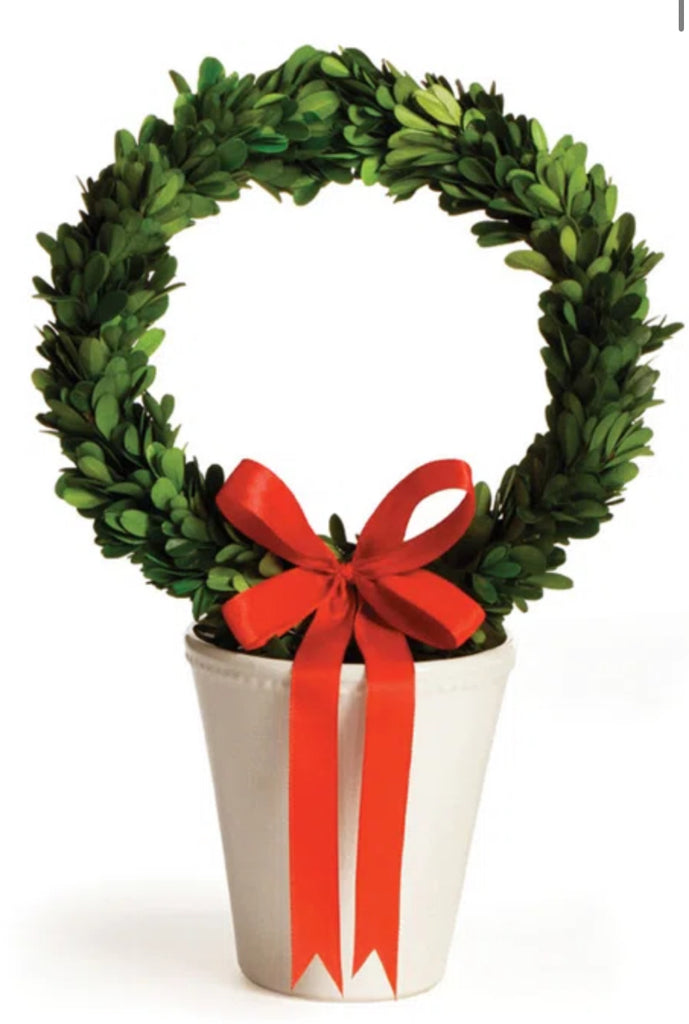 Boxwood Wreath in White Pot with Ribbon