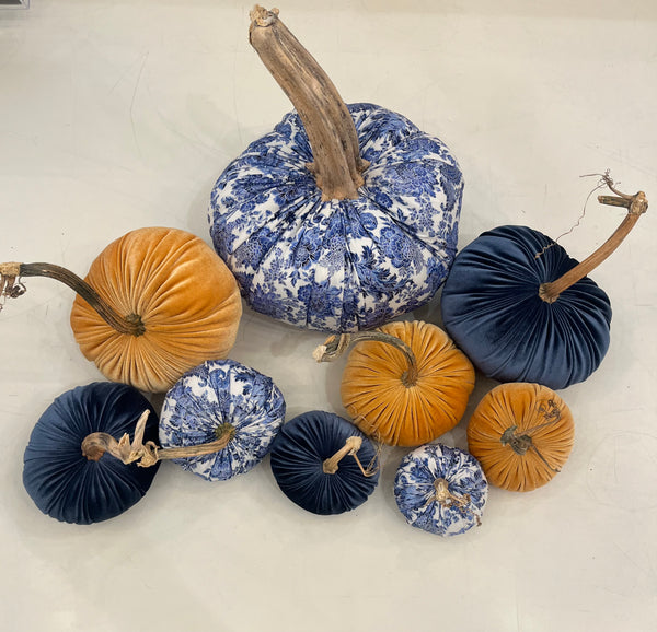 Velvet Chinoiserie and Solid Blue & Apricot Pumpkins- Assorted Sizes