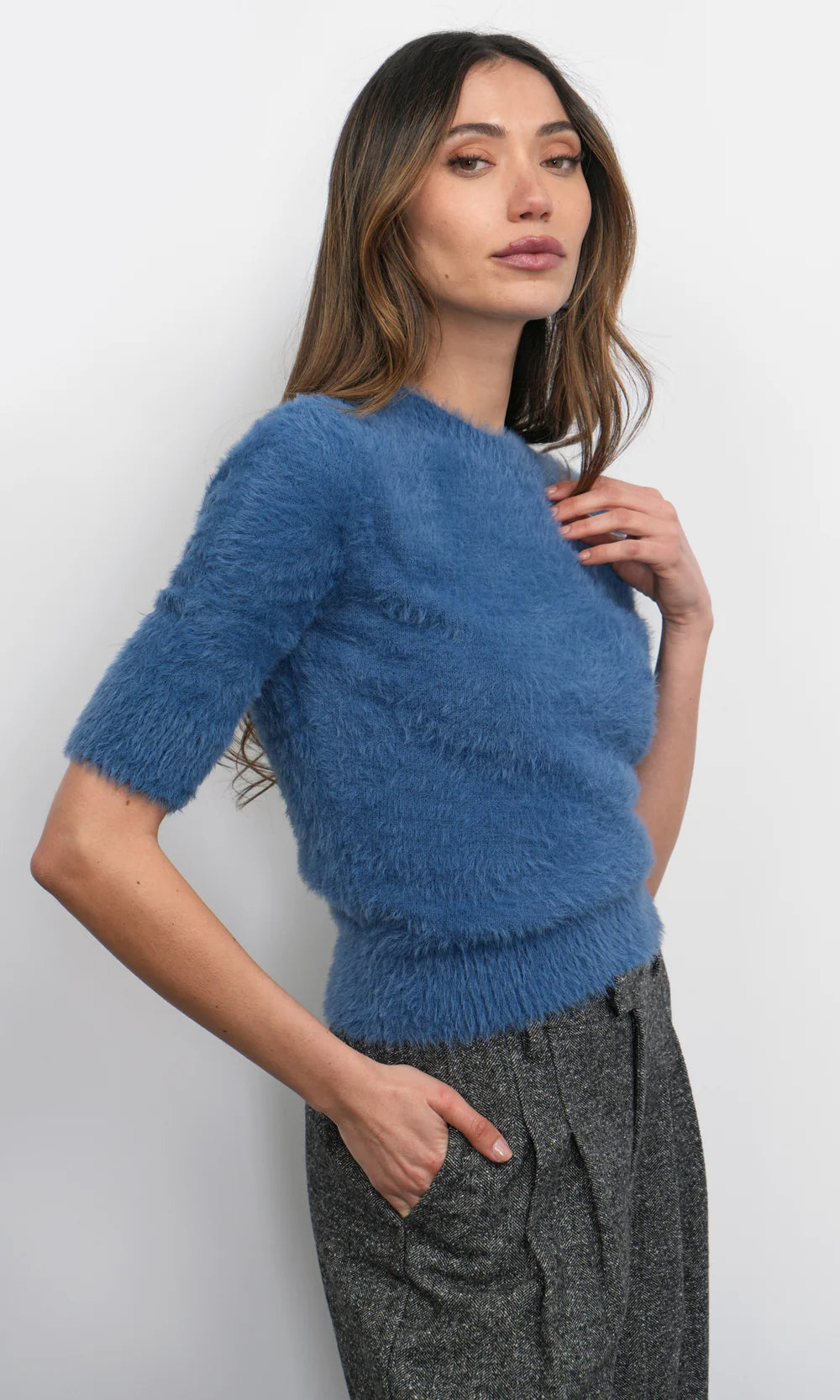 Odette Fuzzy Elbow Sleeve Knit Top