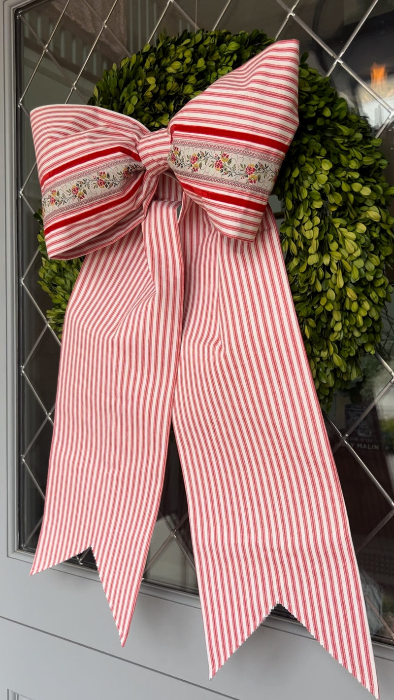 Large Red Ticking Stripe with Velvet and Floral accents