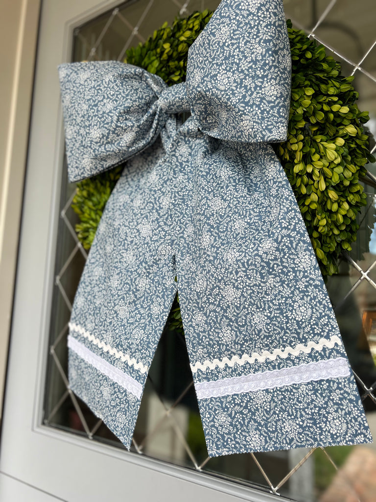 Large Blue and White Ditsy Floral Bow with Ric Rac / Lace detail - Limited Edition