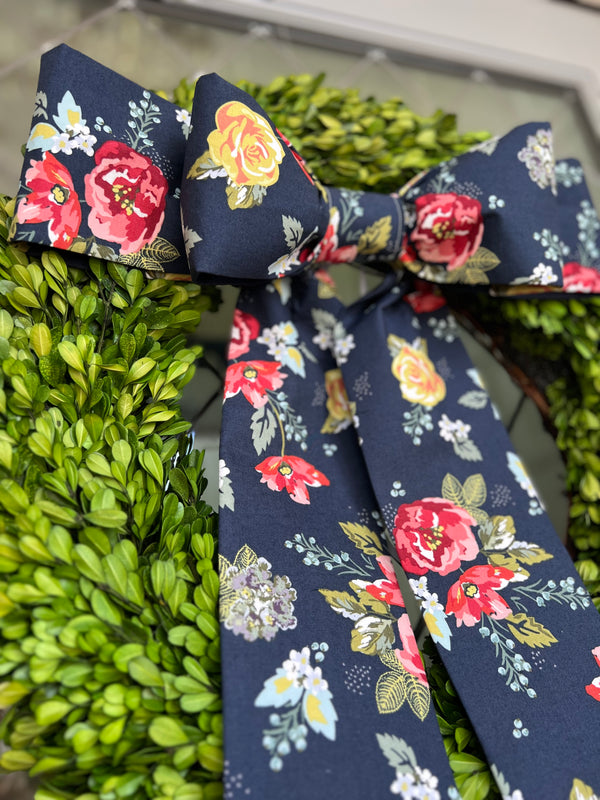Navy Floral Double Bow with Long Tails