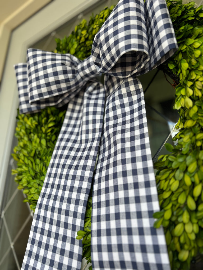 Navy Gingham Double Bow with Long Tails