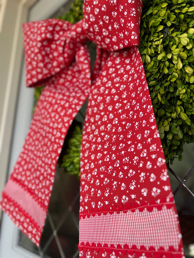 Memorial Day Large Red Bow with White Flowers and Ric Rac / Gingham detail