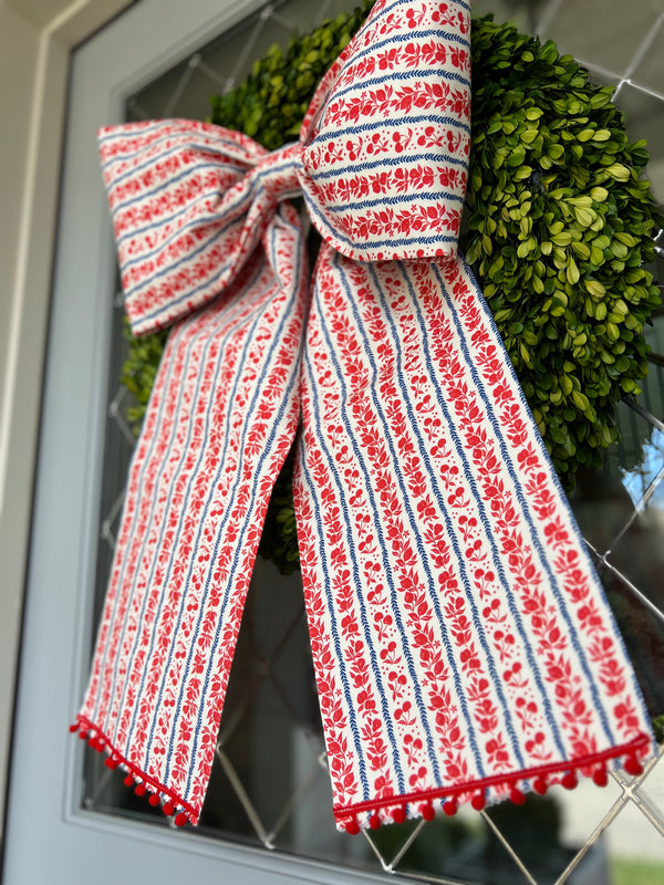 Memorial Day Large Red Bow with Cherry and Pom Pom detail
