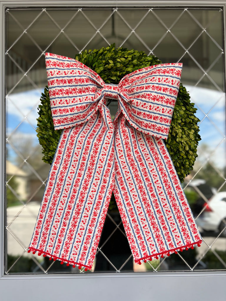 Memorial Day Large Red Bow with Cherry and Pom Pom detail