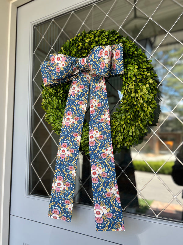 Double bow with Long Tails in Designer Blue and Pink floral fabric- Limited Edition