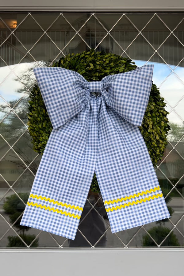 Large Blue Gingham Bow with Yellow Ric Rac and Straight Tails