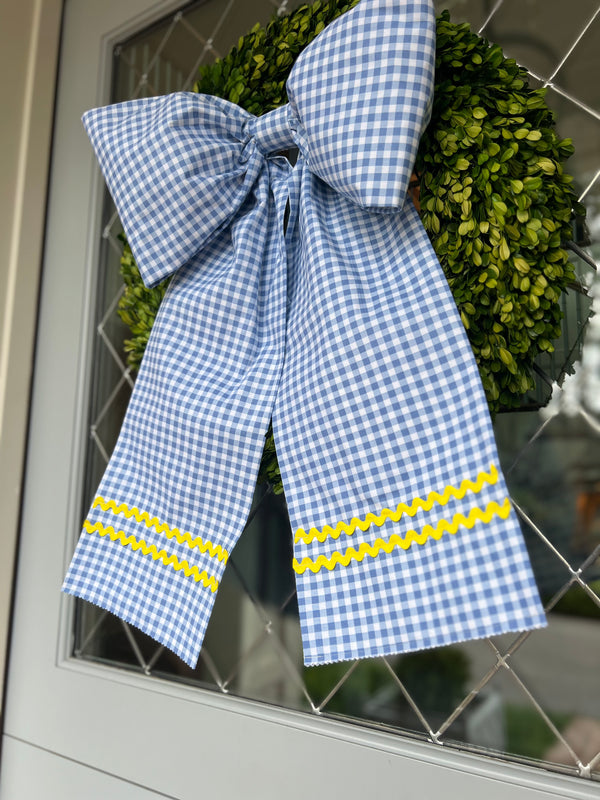 Large Blue Gingham Bow with Yellow Ric Rac and Straight Tails