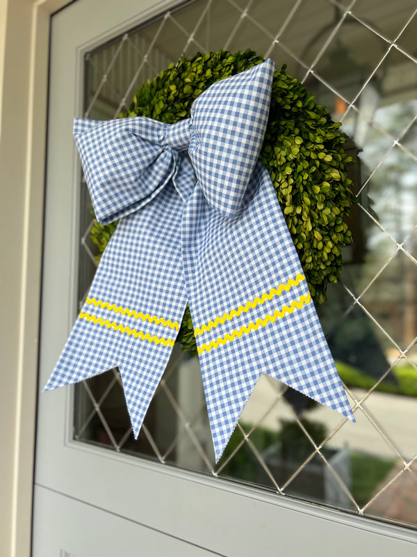 Large Blue Gingham Bow with Yellow Ric Rac and Split Tails