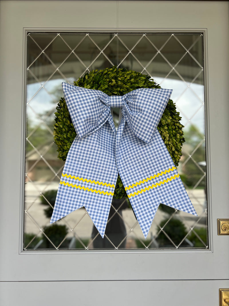 Large Blue Gingham Bow with Yellow Ric Rac and Split Tails