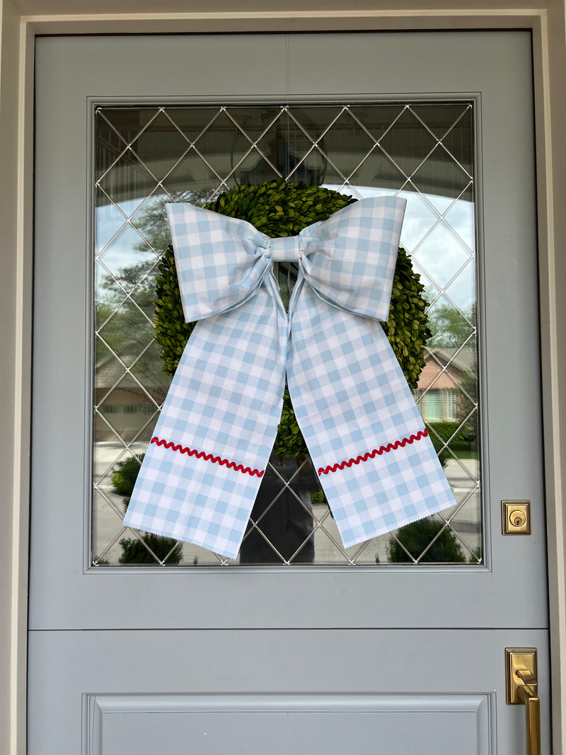 Memorial Day Bow - Light Blue Buffalo Check with Red Ric Rac and straight bottom