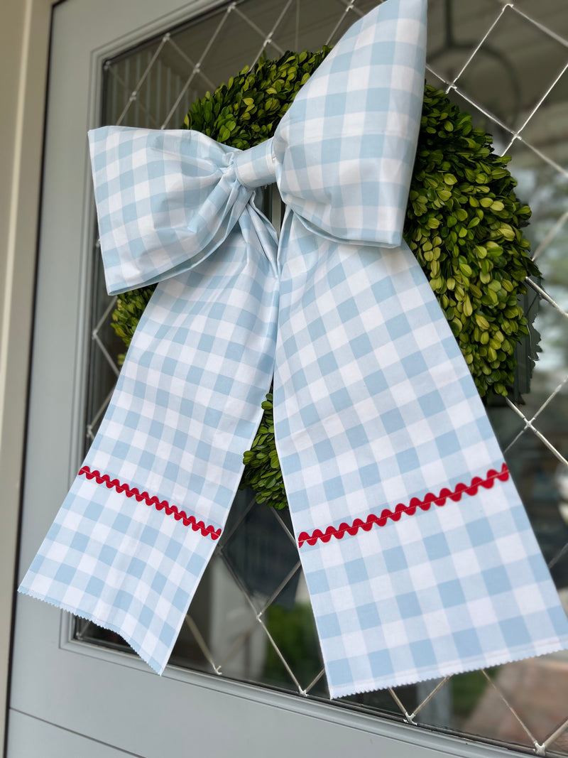 Memorial Day Bow - Light Blue Buffalo Check with Red Ric Rac and straight bottom