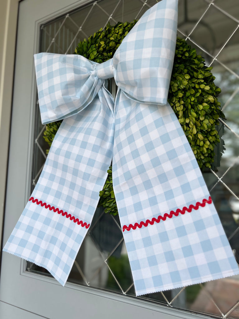 Memorial Day Bow - Light Blue Buffalo Check with Red Ric Rac and straight bottom