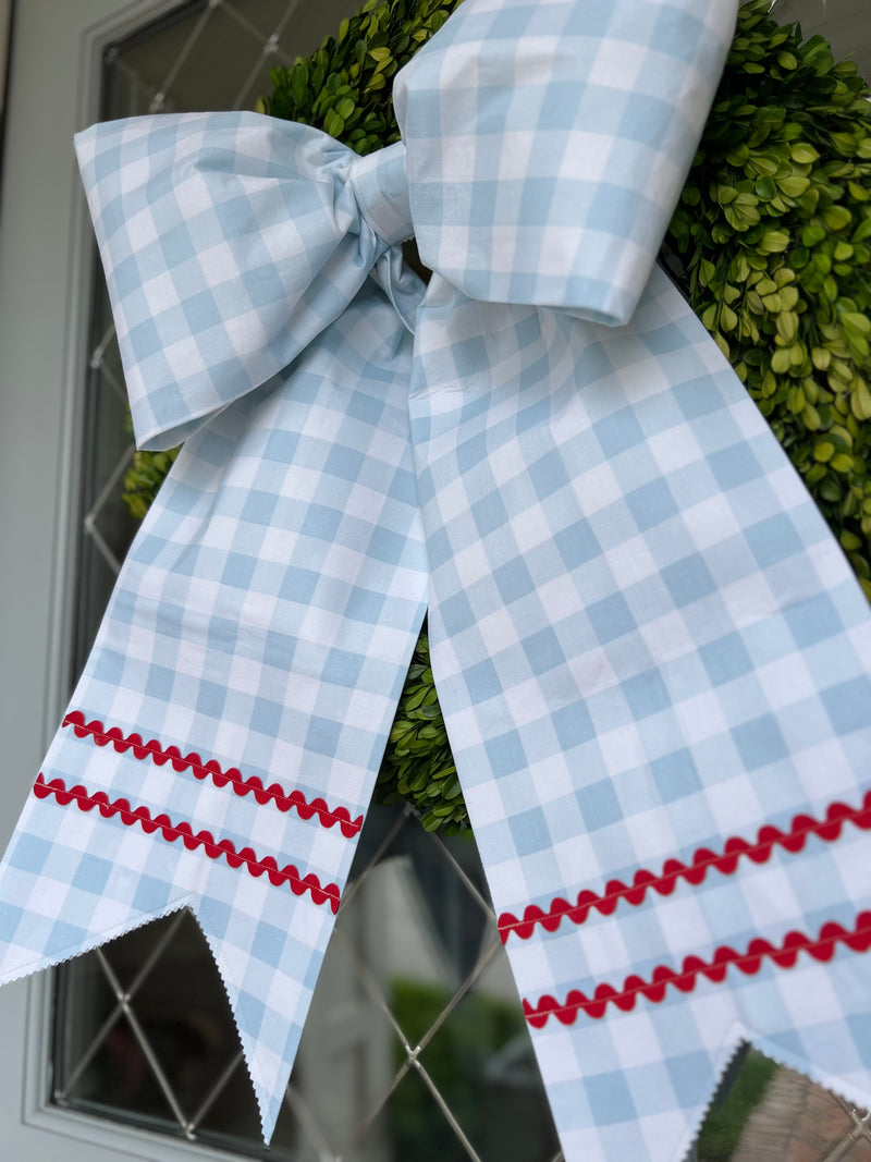 Memorial Day- Light Blue Buffalo Check with Red Ric Rac and split bottom