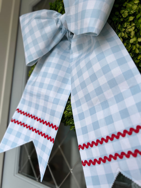 Memorial Day- Light Blue Buffalo Check with Red Ric Rac and split bottom